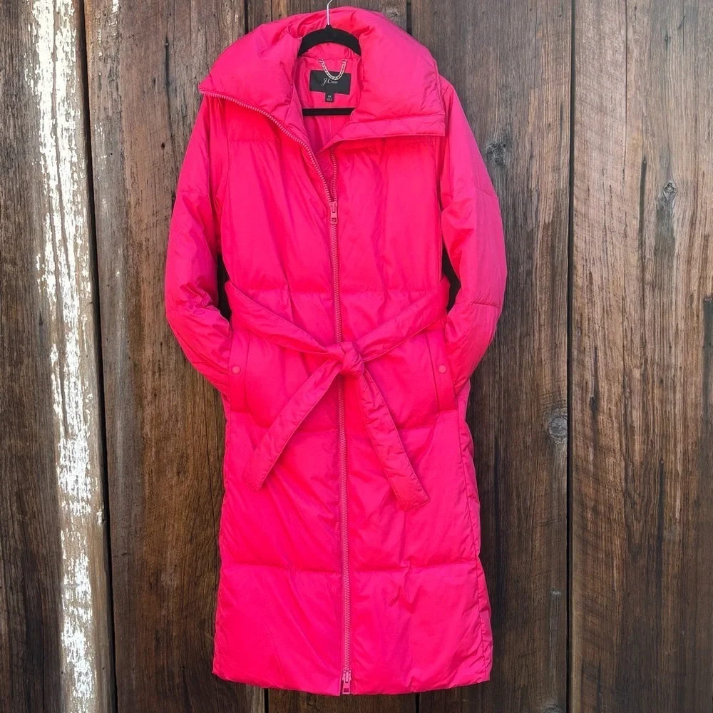 J. Crew Coral Puffer Long Coat w/Belt & Zip-up Front Size XS